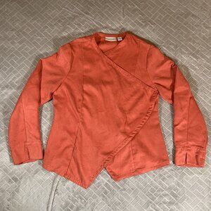 Chicos Womens Small Cardigan Shirt Orange Faux Suede Open Front Long Sleeve